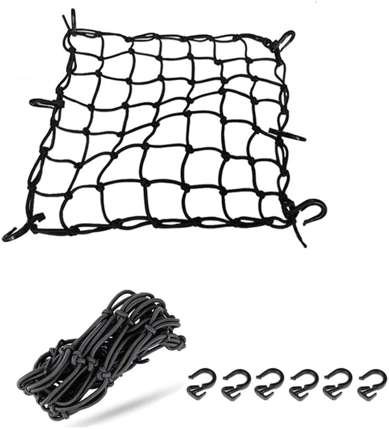 Black 15"X15" Motorcycle Cargo Net Featuring 6 Adjustable Hooks & Tight 2''X2'' Mesh Stretch up to 30'' X 30'' for Cargo Helmet Net