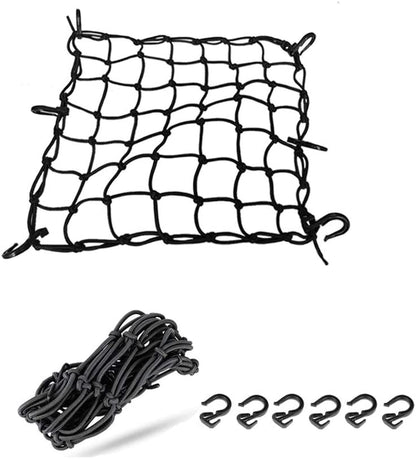 Black 15"X15" Motorcycle Cargo Net Featuring 6 Adjustable Hooks & Tight 2''X2'' Mesh Stretch up to 30'' X 30'' for Cargo Helmet Net