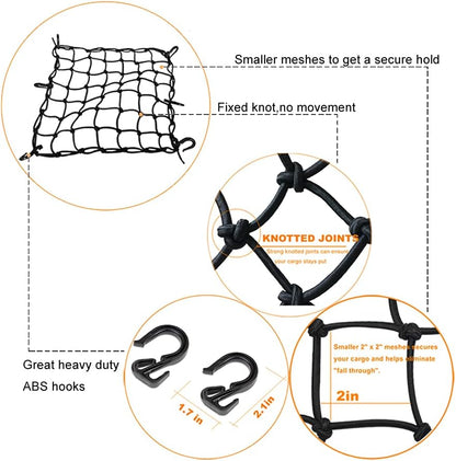 Black 15"X15" Motorcycle Cargo Net Featuring 6 Adjustable Hooks & Tight 2''X2'' Mesh Stretch up to 30'' X 30'' for Cargo Helmet Net